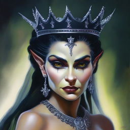 This is a high-quality modern fantasy oil painting of a beautiful Latina goblin queen