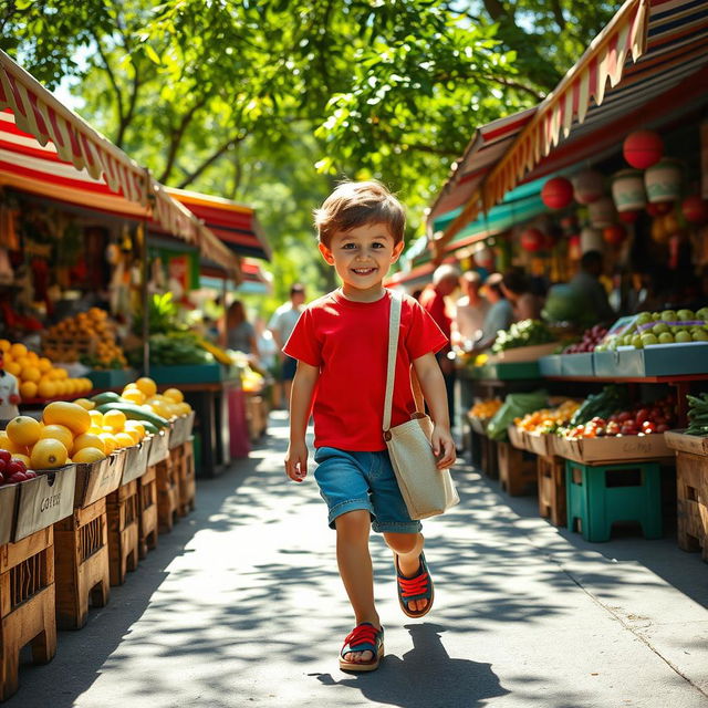 A vibrant and lively scene of a child walking confidently to a market, surrounded by colorful stalls filled with fresh fruits and vegetables