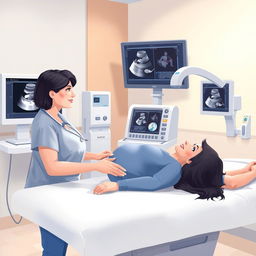 An illustrative representation of sonography being conducted in a modern clinic