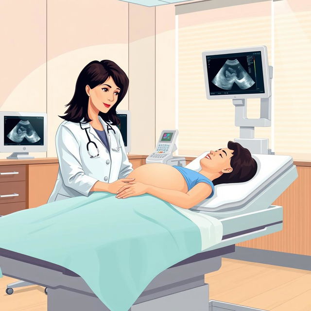 An illustrative representation of sonography being conducted in a modern clinic