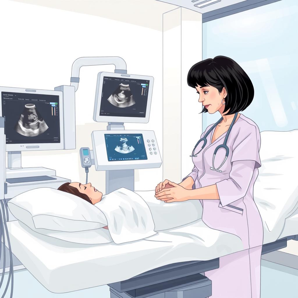 An illustrative representation of sonography being conducted in a modern clinic