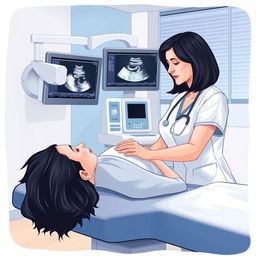 An illustrative representation of sonography being conducted in a modern clinic