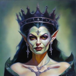 This is a high-quality modern fantasy oil painting of a beautiful Latina goblin queen