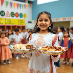 An Iranian girl wearing traditional clothing, joyfully presenting two trays of religious offerings, including Iranian sweets (halva) and dates in the middle of a school hall