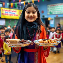 An Iranian girl wearing traditional clothing, joyfully presenting two trays of religious offerings, including Iranian sweets (halva) and dates in the middle of a school hall