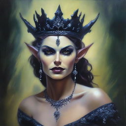 This is a high-quality modern fantasy oil painting of a beautiful Latina goblin queen