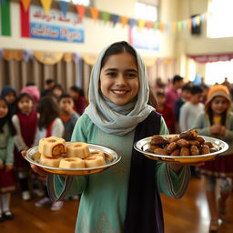 An Iranian girl wearing traditional clothing, joyfully presenting two trays of religious offerings, including Iranian sweets (halva) and dates in the middle of a school hall
