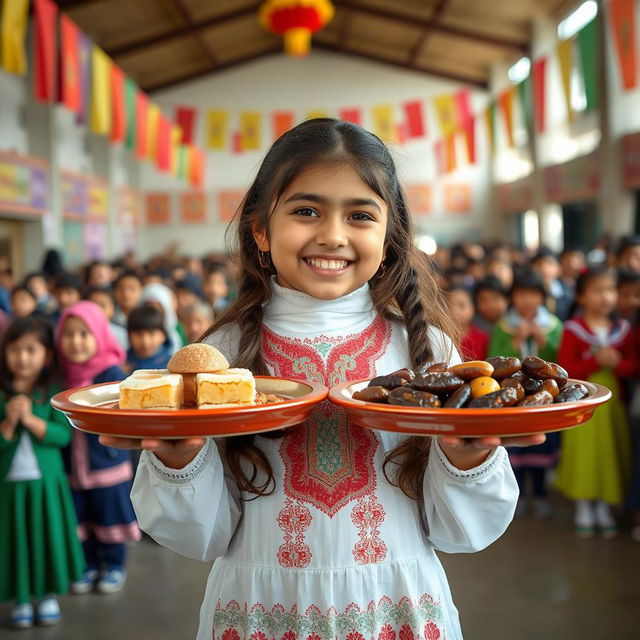 An Iranian girl wearing traditional clothing, joyfully presenting two trays of religious offerings, including Iranian sweets (halva) and dates in the middle of a school hall