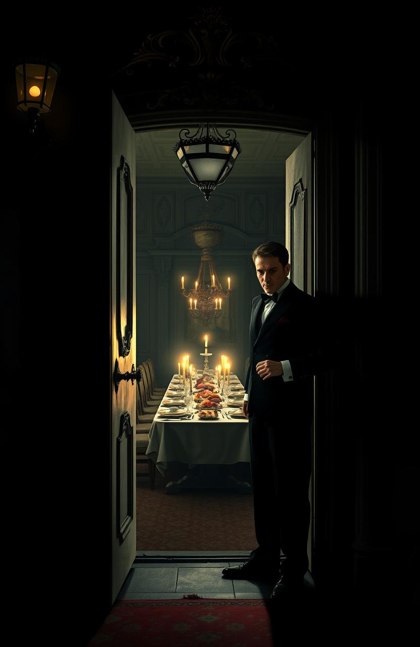 In a dimly lit, creepy mansion, a mysterious butler stands at an ornate entrance door, welcoming a guest with an enigmatic smile