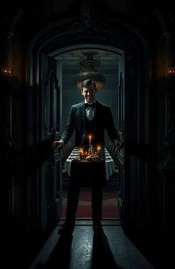 In a dimly lit, creepy mansion, a mysterious butler stands at an ornate entrance door, welcoming a guest with an enigmatic smile