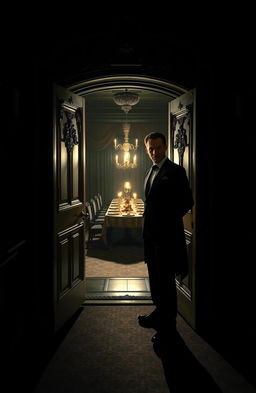 In a dimly lit, creepy mansion, a mysterious butler stands at an ornate entrance door, welcoming a guest with an enigmatic smile