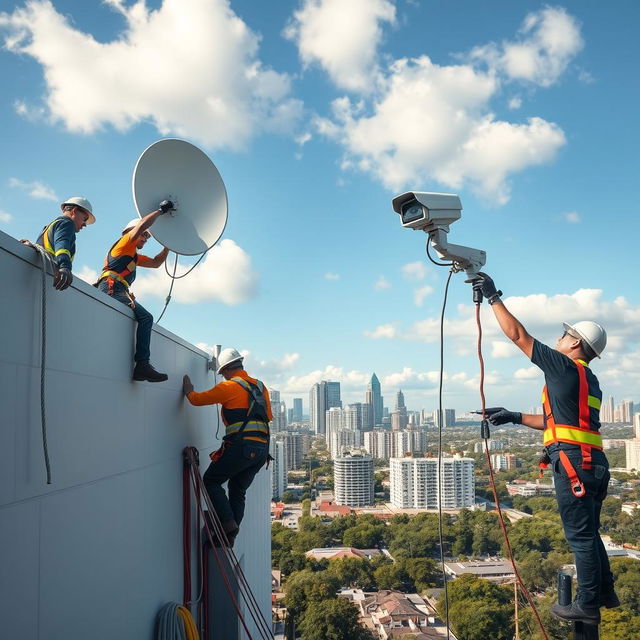 A scene depicting the installation of surveillance cameras and satellite dishes on a modern building