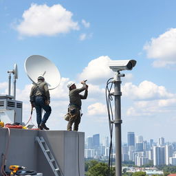 A scene depicting the installation of surveillance cameras and satellite dishes on a modern building