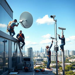 A scene depicting the installation of surveillance cameras and satellite dishes on a modern building