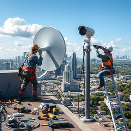 A scene depicting the installation of surveillance cameras and satellite dishes on a modern building
