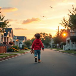 A lone child walking on a quiet street during sunset, with pastel colored skies and a charming neighborhood