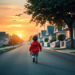 A lone child walking on a quiet street during sunset, with pastel colored skies and a charming neighborhood