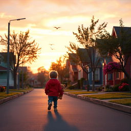 A lone child walking on a quiet street during sunset, with pastel colored skies and a charming neighborhood