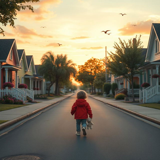 A lone child walking on a quiet street during sunset, with pastel colored skies and a charming neighborhood