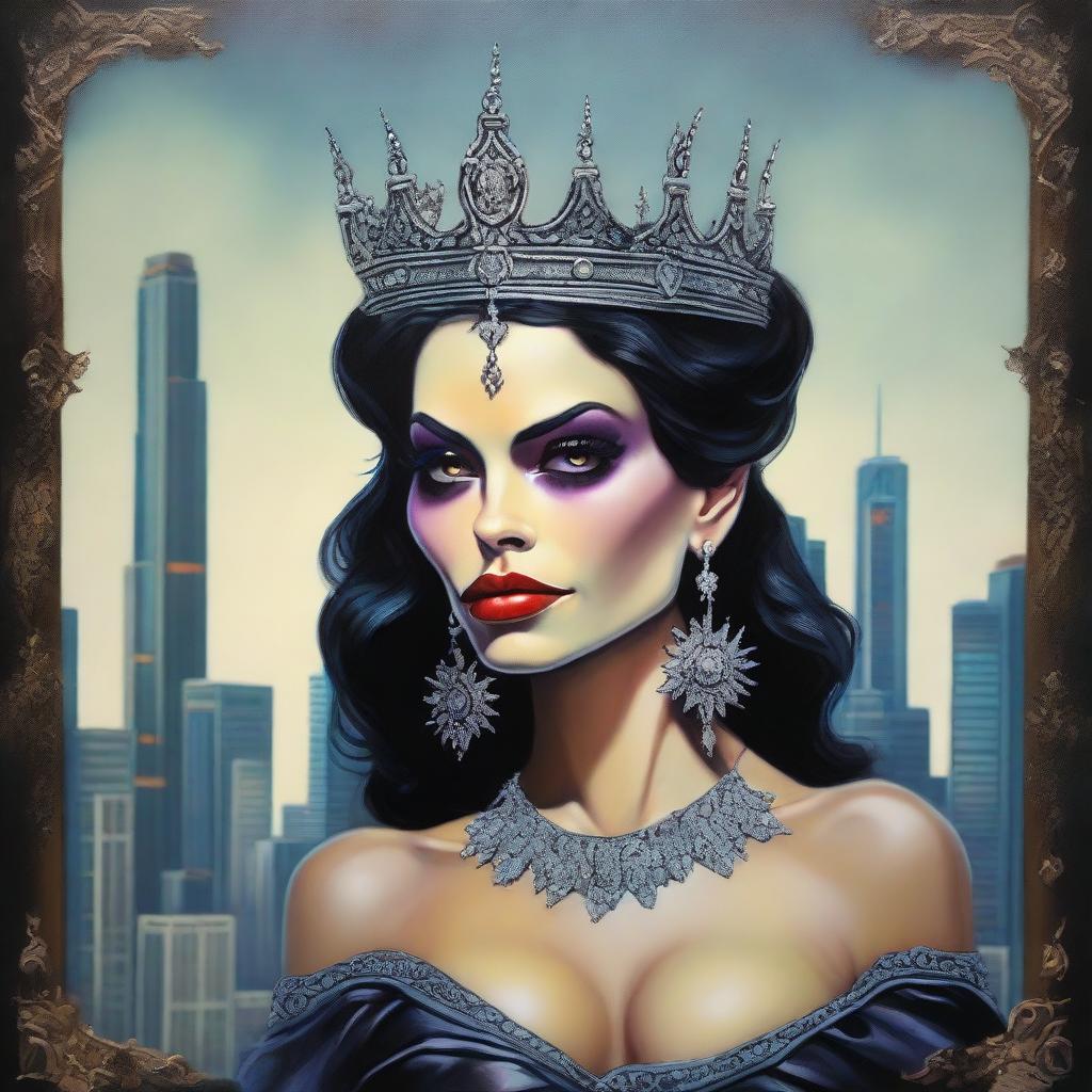 This is a high-quality modern fantasy oil painting of a beautiful Latina goblin queen set in Chicago