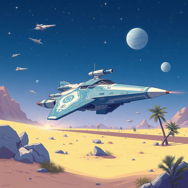 An illustrative scene featuring a stunning futuristic spaceship prominently positioned in the center of a desert-like environment