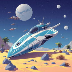 An illustrative scene featuring a stunning futuristic spaceship prominently positioned in the center of a desert-like environment
