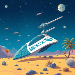 An illustrative scene featuring a stunning futuristic spaceship prominently positioned in the center of a desert-like environment