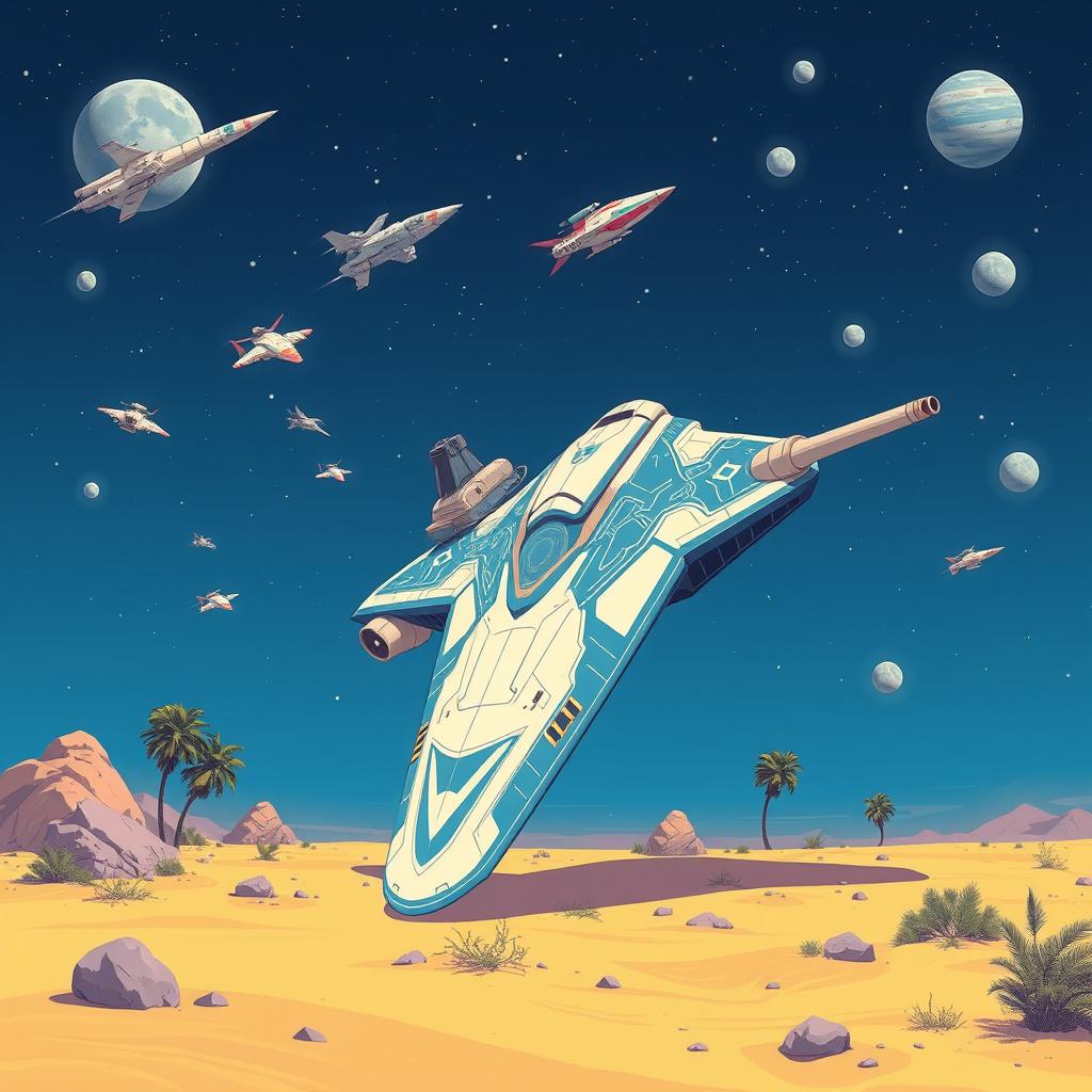 An illustrative scene featuring a stunning futuristic spaceship prominently positioned in the center of a desert-like environment