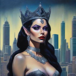 This is a high-quality modern fantasy oil painting of a beautiful Latina goblin queen set in Chicago