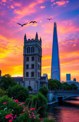 A magnificent view of two majestic towers standing tall against a vibrant sunset sky