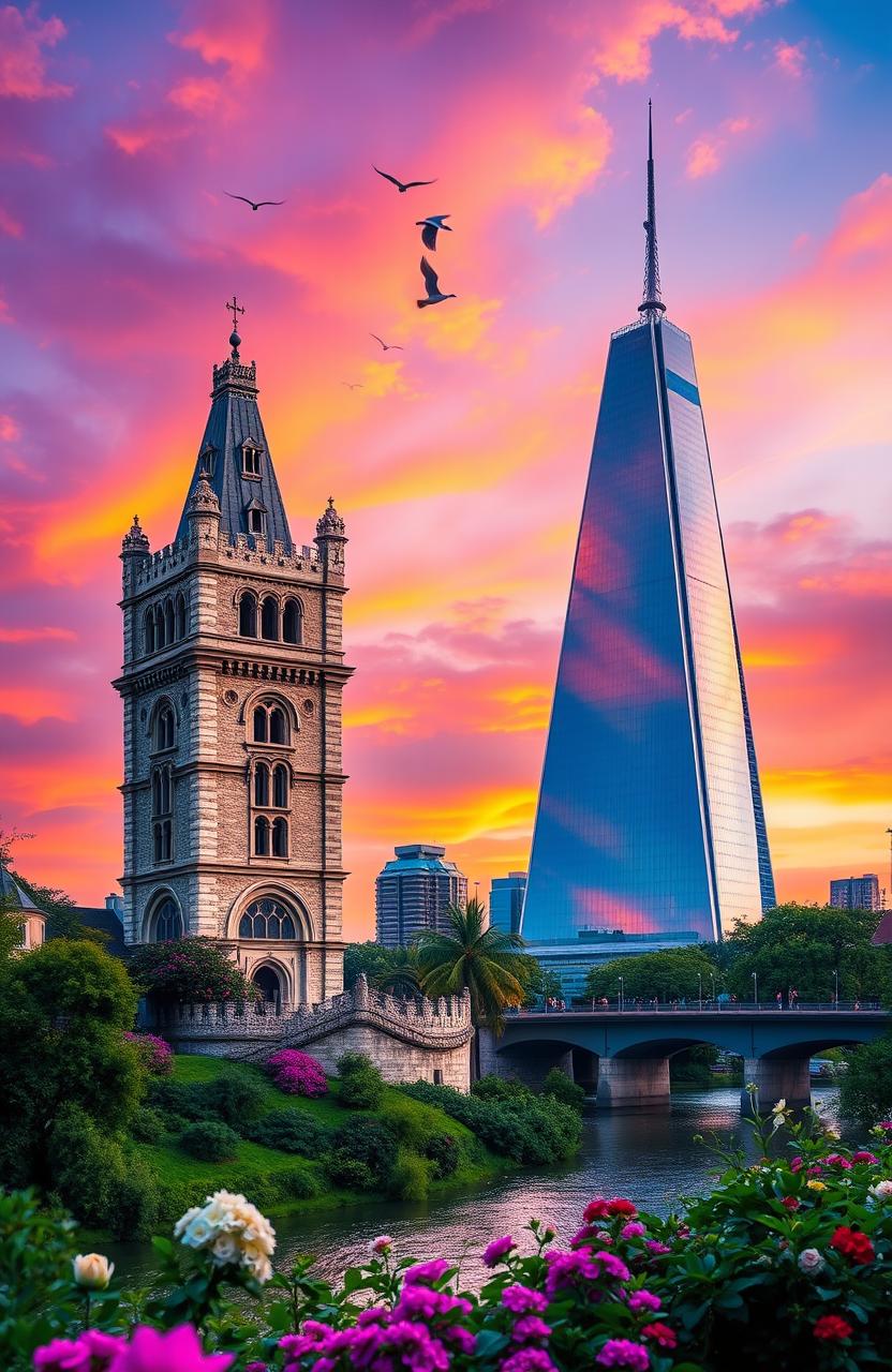 A magnificent view of two majestic towers standing tall against a vibrant sunset sky
