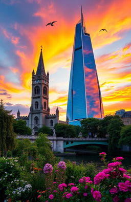 A magnificent view of two majestic towers standing tall against a vibrant sunset sky