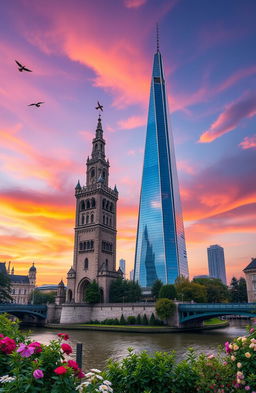 A magnificent view of two majestic towers standing tall against a vibrant sunset sky