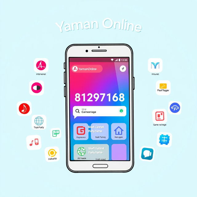 An illustration of a smartphone screen displaying the name 'Yaman Online' at the top in bold, modern font