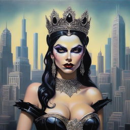 This is a high-quality modern fantasy oil painting of a beautiful Latina goblin queen set in Chicago