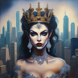 This is a high-quality modern fantasy oil painting of a beautiful Latina goblin queen set in Chicago