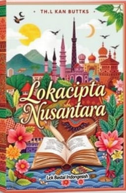 A beautifully illustrated book cover for 'Lokacipta Nusantara', showcasing the diversity and richness of cultures in the Indonesian archipelago through an array of poetic themes