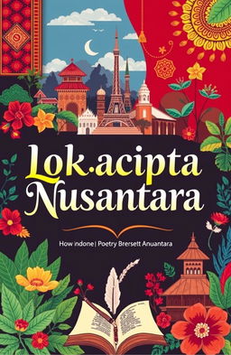 A beautifully illustrated book cover for 'Lokacipta Nusantara', showcasing the diversity and richness of cultures in the Indonesian archipelago through an array of poetic themes