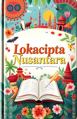 A beautifully illustrated book cover for 'Lokacipta Nusantara', showcasing the diversity and richness of cultures in the Indonesian archipelago through an array of poetic themes