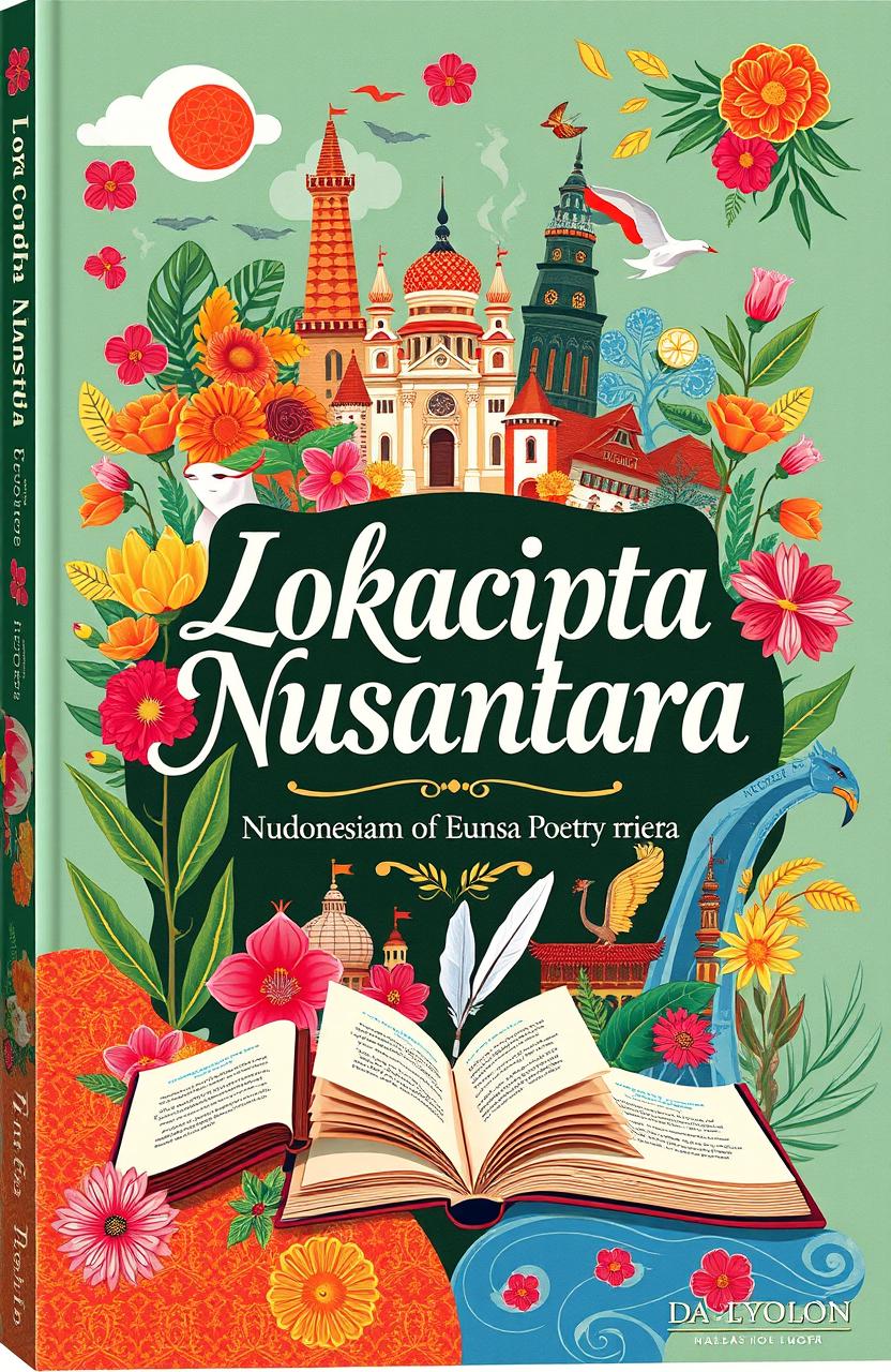 A beautifully illustrated book cover for 'Lokacipta Nusantara', showcasing the diversity and richness of cultures in the Indonesian archipelago through an array of poetic themes