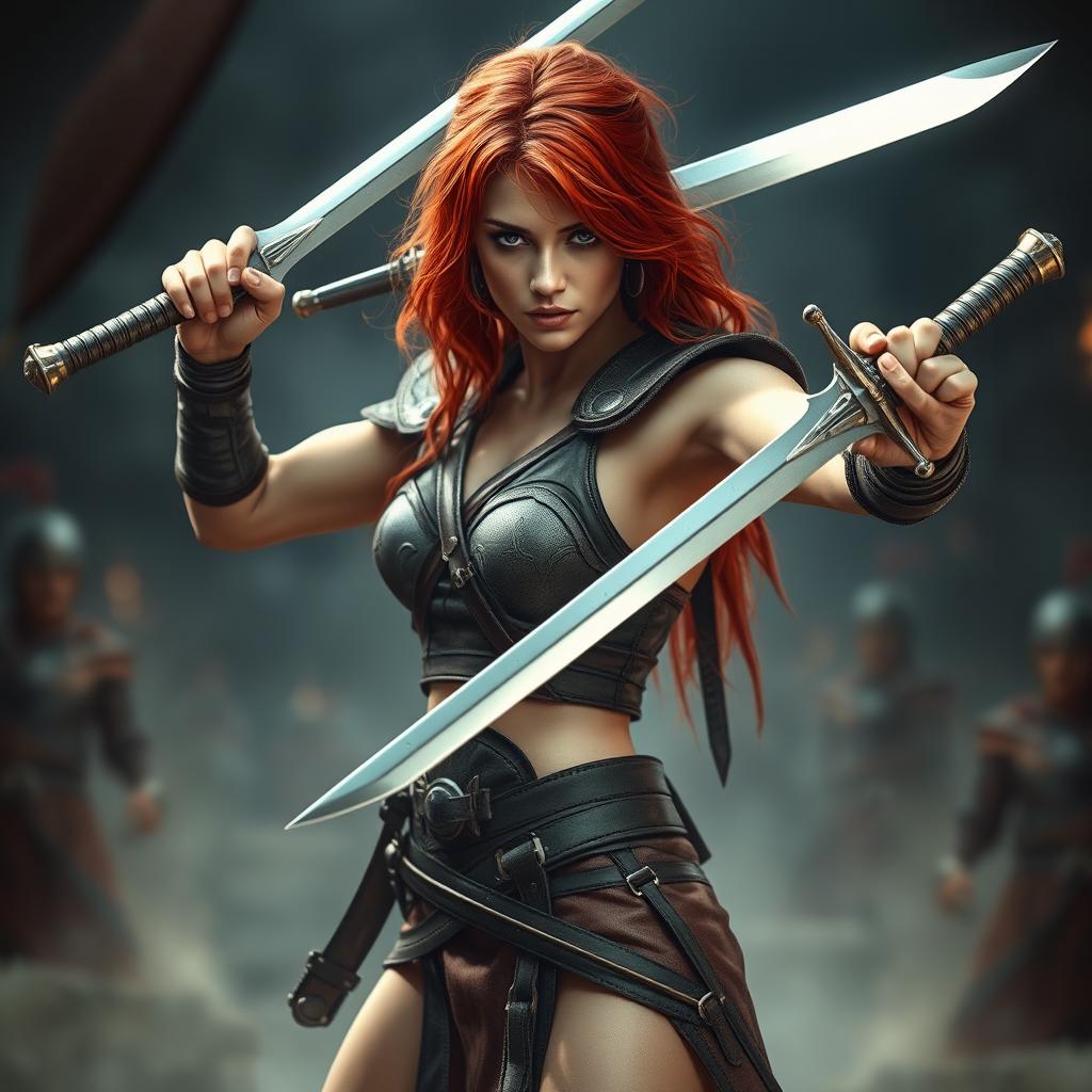 A striking red-haired woman of athletic build, dressed in battle attire that highlights her form