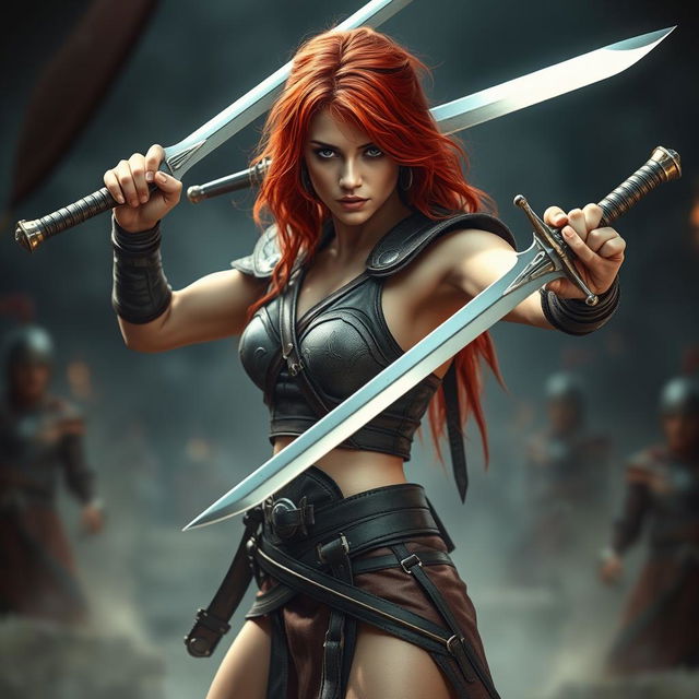 A striking red-haired woman of athletic build, dressed in battle attire that highlights her form
