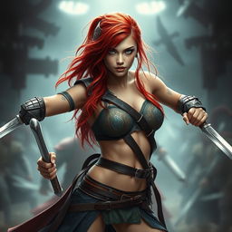 A striking red-haired woman of athletic build, dressed in battle attire that highlights her form