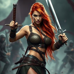 A striking red-haired woman of athletic build, dressed in battle attire that highlights her form