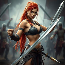 A striking red-haired woman of athletic build, dressed in battle attire that highlights her form