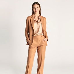 A female model showcasing a stylish outfit that includes a tailored blazer, fitted trousers, and a chic blouse