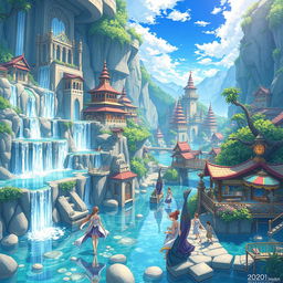 An enchanting hydropunk kingdom illustrated in an anime style, featuring magnificent architecture integrated with flowing water, waterfalls cascading down terraced structures, and lush aquatic gardens