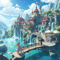 An enchanting hydropunk kingdom illustrated in an anime style, featuring magnificent architecture integrated with flowing water, waterfalls cascading down terraced structures, and lush aquatic gardens