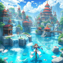 An enchanting hydropunk kingdom illustrated in an anime style, featuring magnificent architecture integrated with flowing water, waterfalls cascading down terraced structures, and lush aquatic gardens