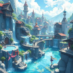 An enchanting hydropunk kingdom illustrated in an anime style, featuring magnificent architecture integrated with flowing water, waterfalls cascading down terraced structures, and lush aquatic gardens